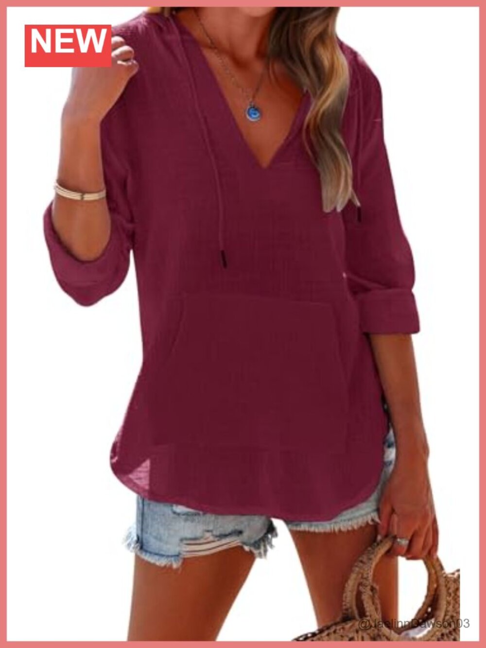 100% Cotton Hooded Beach Cover Up Tunic Long Sleeve V Neck Kangaroo Pocket